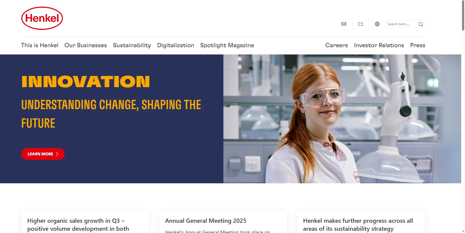 Henkel banner displaying 'Innovation: Understanding Change, Shaping the Future' with a laboratory setting and a scientist.